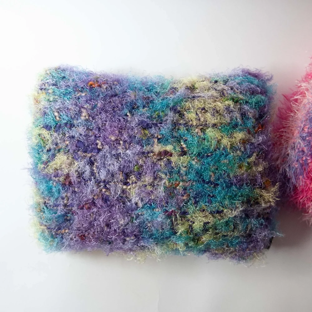 Set of 2 Handmade Knit Fuzzy Fringe Eyelash Yarn Small Throw Pillows